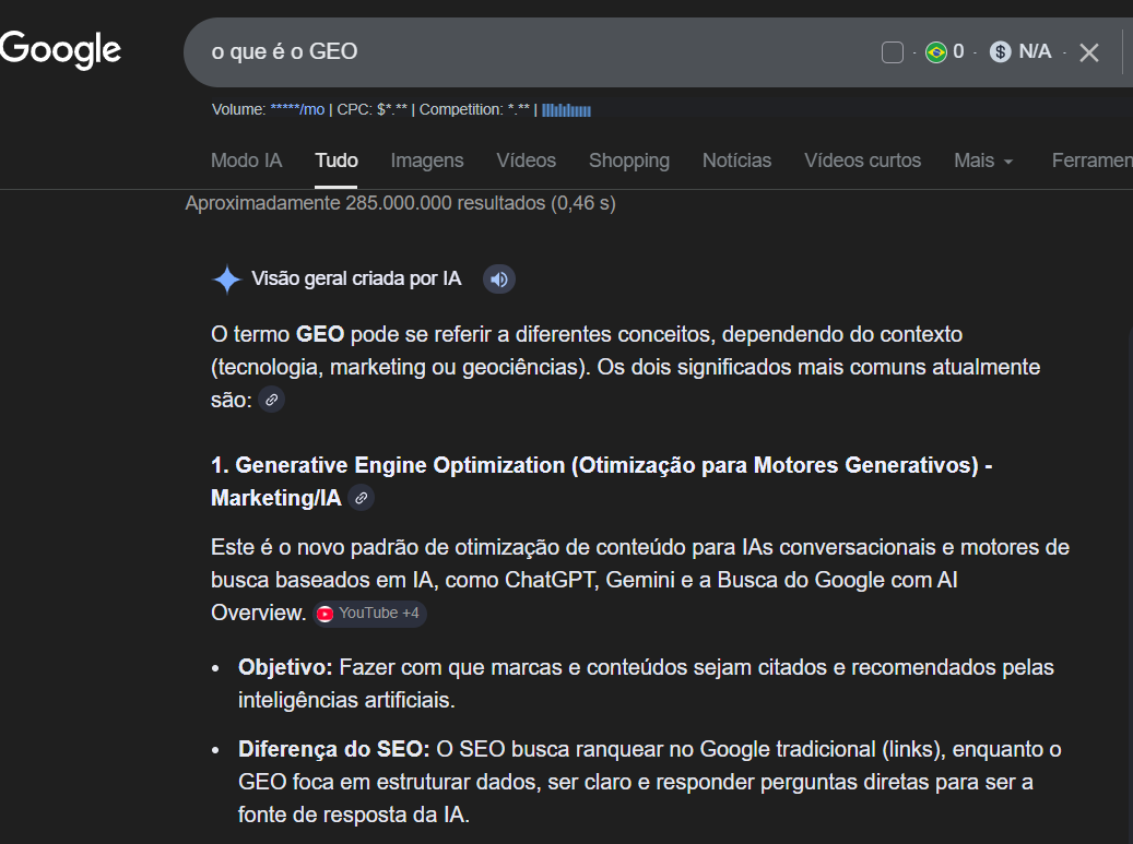 Exemplo de pesquisa no Google com resposta gerada por inteligência artificial